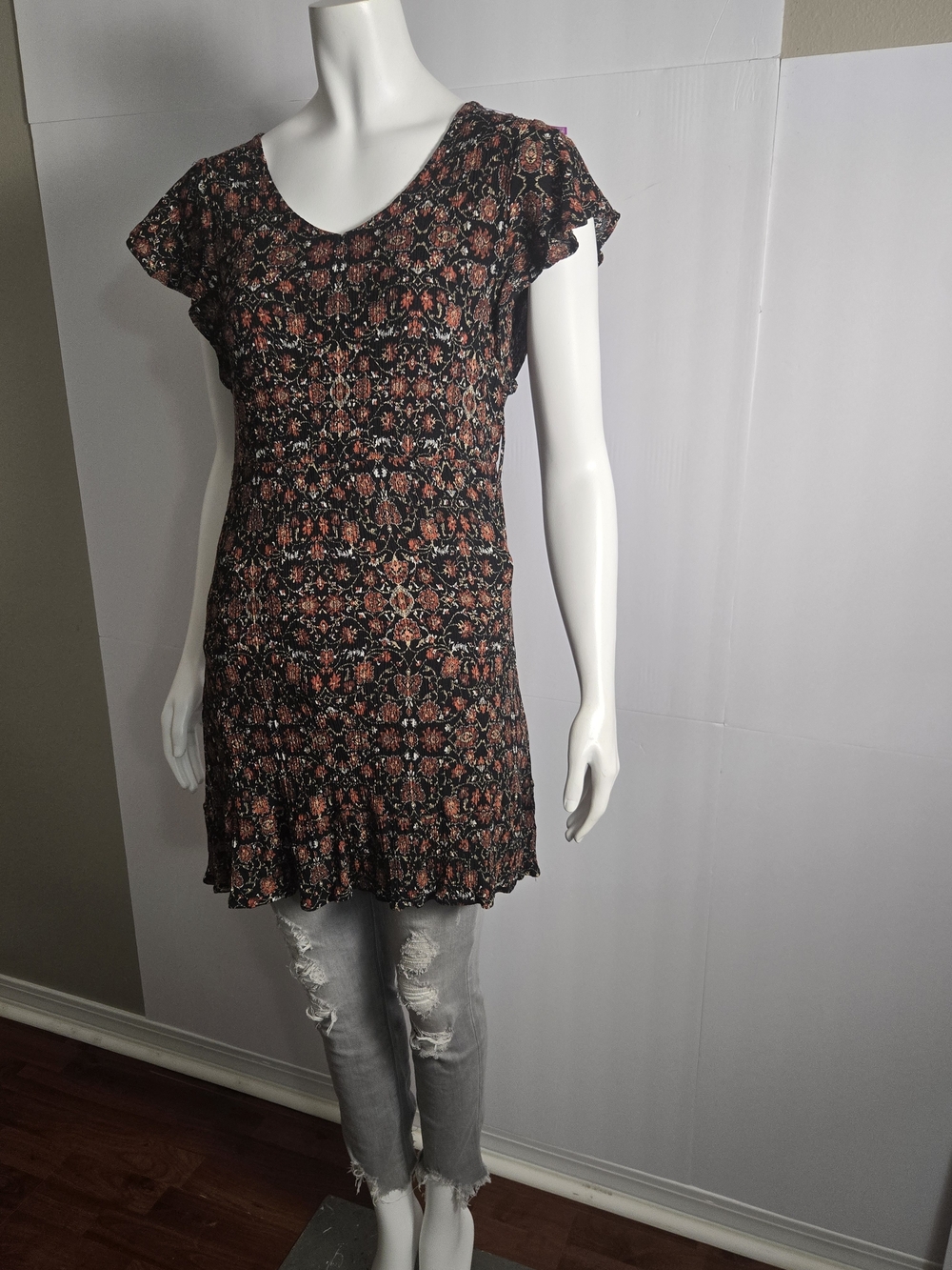 Floral Smocked Black and Rust Short-Sleeve Women's Top